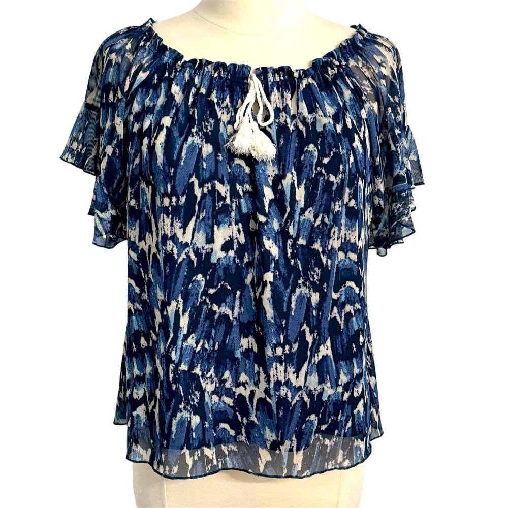 Joie De Vivre Women's Textured Short Sleeve Gathered Neck Blouse Blue Print Sz M